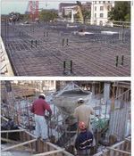 Top: Reinforcing steel mats are supported by chairs to keep the steel at the proper elevation in the slab. Bottom: Concrete must be held in the proper position during concrete placement.